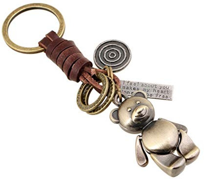 freesiom Porte Clé/Clef Homme Femme Ourson Ours Garcon 3D Anneau Cuir Veritable Tresse Drole Metal Pendentif Original Retro Vintage Accessoire de Sac Voiture Pas Cher Cadeau Noel Anniversaire