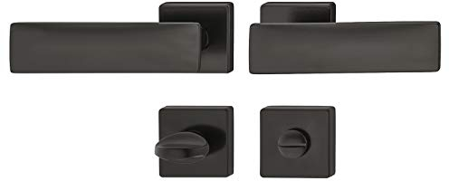 JUVA Drückergarnitur Messing Türbeschlag schwarz Türgriff Zimmertür - LDH 3225 | WC - Toiletten | Drücker-Paar mit eckiger Rosette | 1 Set - Design Türdrücker-Garnitur für Innentüren mit Schrauben