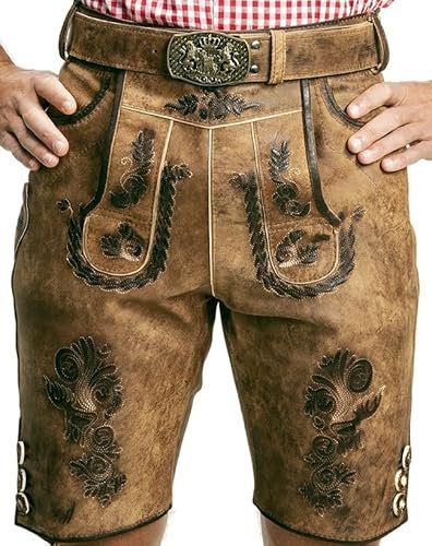 SYMPHONIE WESTERWALD Bayerische Herren Trachten Lederhose mit Trachtengürtel + Hosenträger, speckig, antik Look, braun, Gr. 54