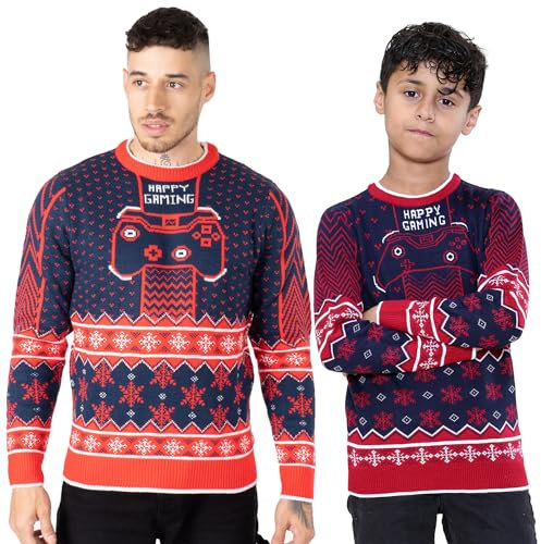 NOROZE Men's Matching Christmas Jumpers for Family Dad Son Matching Jumper Retro Gaming Xmas Jumper Unisex Sweater Boys Top (XL, Controller Red)