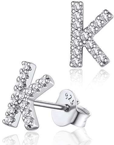 Silvora 925 Silber Initial A-Z Ohrstecker Damen Zirkonia Buchstaben K Ohrringe Silber Damen Ohrringe Name Ohrschmuck für Damen/Mädchen
