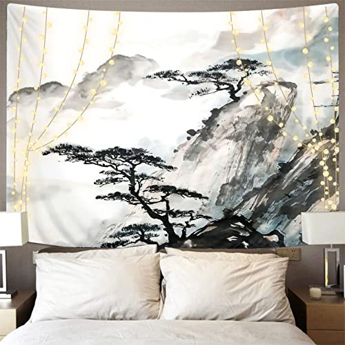 Violetpos Tapisserie Der Wandbehang Japanische Asiatische Chinesische Landschaft Bergbäume Home Decor Wandbehang Wandteppiche Wandkunst für Zimmer 130x150cm H/W