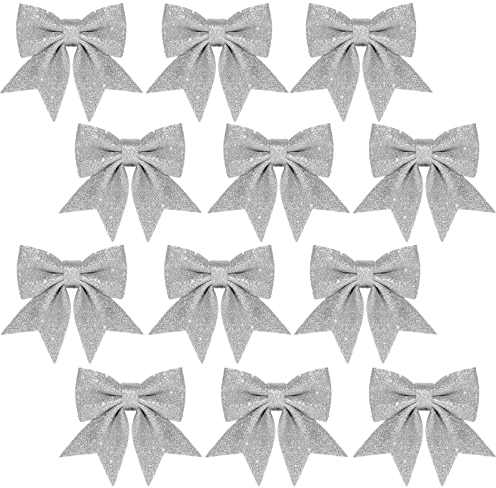 12PCS Sliver Christmas Bows for Tree Decorations, 5.5 Inch Christmas Glitter Wreaths Bows, Xmas Bows for Decorations,Sequin Bow Ties Xmas Tree Bowknot Ornaments for Wreaths,Xmas Tree,Garland Decor