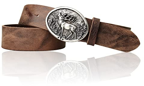 FRONHOFER Trachtengürtel mit Trachtengürtelschnalle Hirsch Motiv in Silber, 17745, Größe:Körperumfang 100 cm/Gesamtlänge 115 cm, Farbe:Vintage-braun