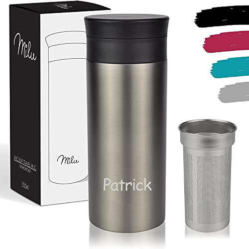 Milu Edelstahl Thermobecher mit Gravur - 350ml, 450ml - 100% Auslaufsicher – Trinkbecher, Teeflasche Thermosflasche Autobecher doppelwand Isolierung - 360°-Trinköffnung (Grau, 350ml)