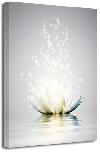 LZIMU Toile murale zen - Impression sur toile - Fleur de lotus blanche dans l'eau - Peinture grise encadrée pour yoga, spa, méditation - 40 x 60 cm - Œuvre d'art zen - 3