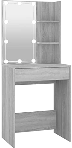 vidaXL Schminktisch mit LED Stauraum Frisiertisch Kommode Frisierkommode Kosmetiktisch Spiegel Beleuchtung Schlafzimmer Grau Sonoma 60x40x140cm