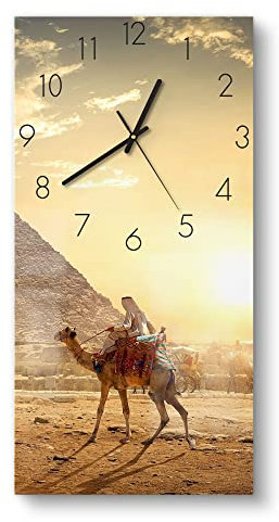 DEQORI Glasuhr | horizontal 30x60 cm | Motiv Kamelritt in der Wüste | große XXL Design Uhr aus Glas | leise Wanduhr für Wohnzimmer & Küche | Moderne Hingucker Uhr für die Wand