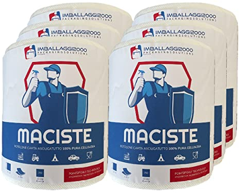 IMBALLAGGI 2000 - Maciste Rotoloni Asciugatutto 6 Pz x 250 Strappi 20x22 cm, Carta Cucina 2 Veli in Cellulosa Assorbente Bobina 20Hx18Ø cm, Rotoli Carta Casa ad Uso Domestico, Panno per Pulizia Cucina