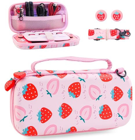 HYPERCASE Custodia per Nintendo Switch Lite, con motivo fragola, accessori portatili con borsa portaoggetti Pink Switch Lite, tracolla e 2 simpatici cappucci per pollice, 8 slot per schede di gioco