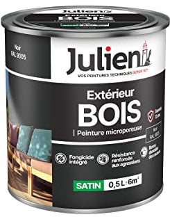Julien Peinture Bois Microporeux Extérieur Satin - Portes, fenêtres, portails, mobilier de jardin - Noir 0,5 L