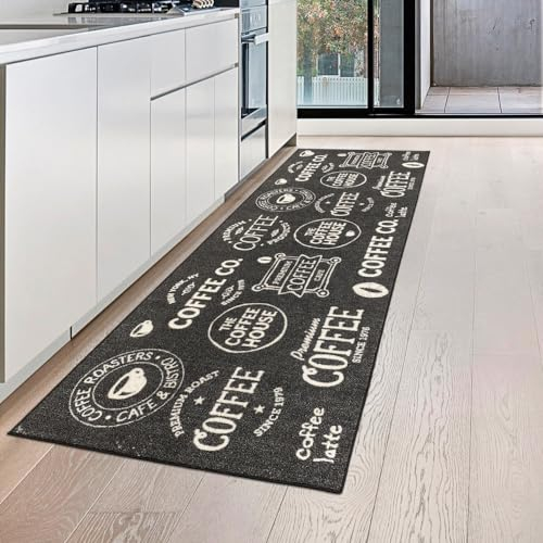 Teppich-Traum Kaffee Küchenläufer schwarz mit Gelrücken und Schriftzug in weiß, 80 x 250 cm