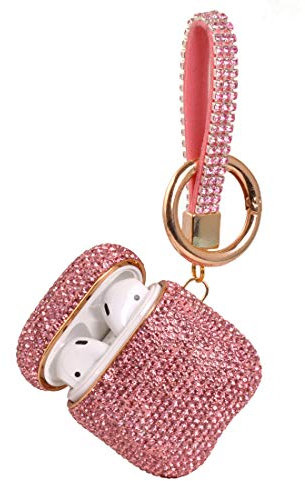 Custodia scintillante per AirPods con portachiavi, protettiva antiurto con strass, compatibile con custodia di ricarica AirPods 2 e 1 (rosa con portachiavi)