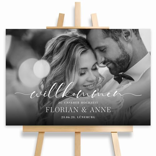 HEI Print Willkommensschild Hochzeit mit eignem Foto und Namen, personalisierte Hochzeitsdeko, Willkommen Schild, mit Bild, 60x40 (Leinwand)