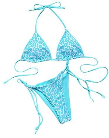 Loalirando Maillot de Bain Femme 2 Pièces Sexy Bandage Biniki Brésilien String pour Vacances Plage Bronzage, Bleu léopard, L