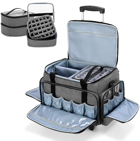 Luxja Rolling Nail Polish Organiser Holds 90 Bottles and a Nail Lamp, Rolling Nail Polish Case with a Detachable Dolly and 3 Removable Cases (Patented), Grey