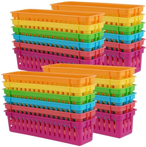 YUENPUN 24 Stück Klassenzimmer-Aufbewahrungskörbe, Kunststoff-Schulkörbe, farbige Klassenzimmer-Organizer-Körbe für Klassenzimmer-Lehrer und Studenten, 6 Farben, 25,5 x 7,6 x 6,2 cm