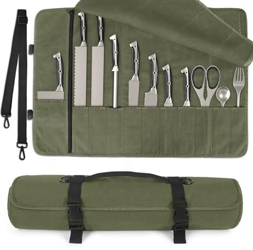 lelezone Chef Knife Roll Bag,Waterproof Waxed Canvas Knife Case Holds,Knives Roll Bags for Chefs Professional with Adjustable Strap,Chef Backpack with 11 Knife Slots and a Large Zippered Pocket