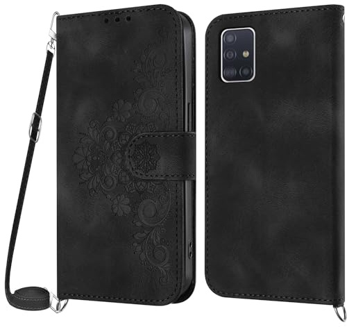 NETANY Handykette Hülle für Samsung Galaxy A71 5G, Handyhülle für Samsung A71 5G Hülle mit Kette Klappbar, PU Leder Necklace Klapphülle und Umhängeband Lanyard Flip Schutzhülle mit Band (Schwarz)