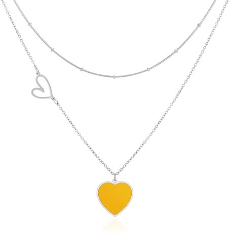 Linawe Silver Layered Choker Necklaces for Women Trendy, Yellow Heart Pendant Stainless Steel Necklace, Y2K Preppy Stacked Necklaces, Chunky Heart Chain Lover Necklace Jewellery