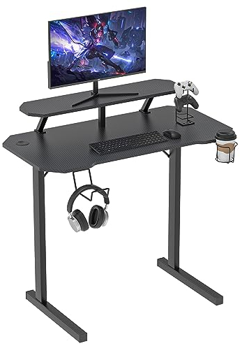 Lvhecforhm Escritorio Gaming en Forma de T con Soporte de Pantalla, Escritorio de Gaming con Soporte para Gamepad, Oficina Mesa de Ordenador con Ganchos para Auriculares Portavasos, Mesa Gaming Negro