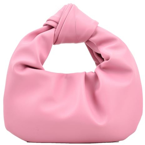 Fiorky Damen-Handtasche, klein, geknotet, einfarbig, PU-Leder, Knoten-Griff oben, einfache, gerüschte Tragetasche for forty, Urlaub (Rosa)