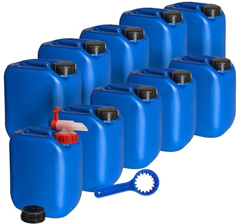 plasteo® Lot de 10 bidons de 5 litres avec fermeture de sécurité (DIN 51) Clé à bidon Duo 51/61 + robinet | Convient à un usage alimentaire | Portable et empilable | Qualité lourde | Intérieur et