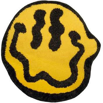 Trippy Smiley-Teppich für Y2K-Dekor, 66 cm, Gelb, Retro, rutschfest, weich, lebendig und waschbar, Y2K-Dekor, coole Teppiche für Schlafzimmer, Spielzimmer, Schlafsäle und Badezimmer