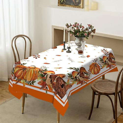Wipe Clean Tablecloth Pumpkin Orange Leaves Table Cloth Stain Resistant Waterproof Tablecloth Reusable Tablecloths Rectangular Washable Table Covers Party Wipeable Tablecloths(140x180cm)