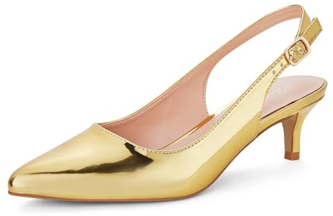 GENSHUO Womens Kitten Heel Shoes Pointed Toe Slingback Court Shoes Elegant Low Heels for Wedding Evening Dress, Gold Patent, 8.5 UK