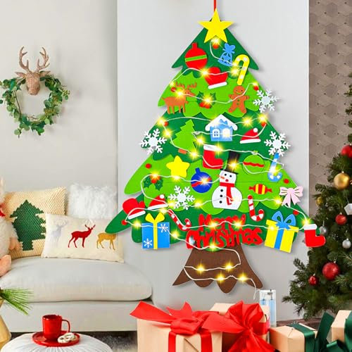 DIY Filz Weihnachtsbaum für Kinder, 100 cm beleuchteter Filz-Weihnachtsbaum, 34 Stück, Ornamente Wandbehang, Kinder-Weihnachtsbaum, Mein erster Weihnachtsbaum für Weihnachtsgeschenke,