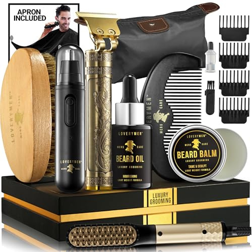 Gifts for Men Who Have Everything, Birthday Gifts for Him, Grooming Beard Kit, Beard Trimmer, Nose Hair Trimmer, Hair Straightener Brush, Oil, Balm & More, 15pc Men Care Kit, Dad Gifts