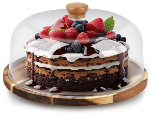 HUMOKI Piatto per Torte Girevole, Porta Torta con Coperchio, Alzata con Campana per Dolci, Alzata per Torte in Legno di Acacia con Coperchio, per Matrimoni, Feste e Varie Occasioni