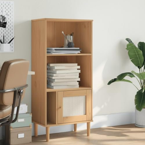 Homgoday SENJA Sideboard in Rattanoptik, braun, 60 x 35 x 130 cm, Kiefernholz, Bücherschrank, Vitrine, vertikales Bücherregal, platzsparend, Bücherregal für Wohnzimmer, Arbeitszimmer