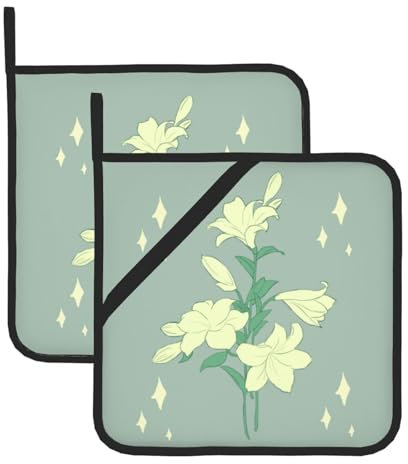 BROLEO Set di 2 presine per la rimozione del coperchio della cucina, spesso, resistente, isolamento antiscottatura, 20,3 x 20,3 cm, immagine di gigli bianchi in stile cartone animato