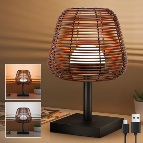 MALUX Tischleuchte kabellos Dimmbar, Rattan aus Bambus und Holz, Modern LED Tischlampe mit Ladefunktion USB,LED Tischlampe Kabellos Akku Aufladbar, Dekorative Nature Tischleuchte