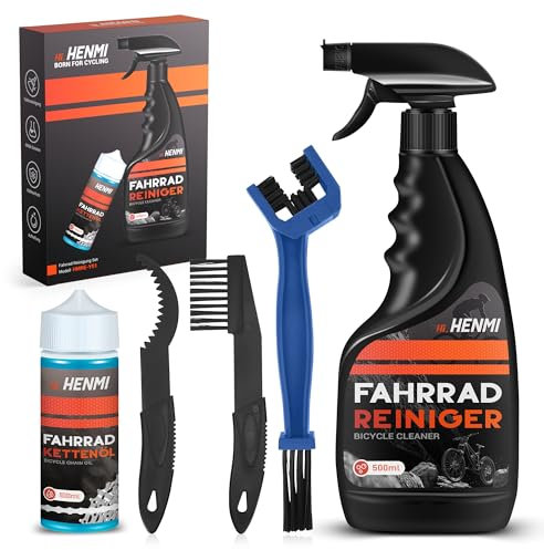 HENMI Fahrrad Reinigungsset, 7 in 1 Kettenreiniger Fahrradkette Set mit Fahrradreiniger 500ml + Fahrradkettenöl 100ml Clean Fit für Fahrradkette/Kurbel/Reifen/Radfahren Ecke Fleck für Alle Fahrräder
