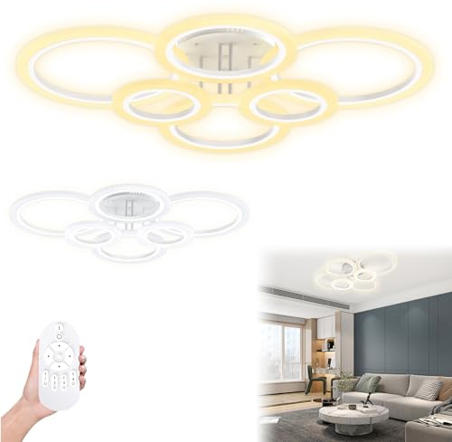 LZQ Runde LED Deckenlampe 96W Dimmbar, 4+2 Ringe Deckenleuchte mit Fernbedienung, 3 Farbtemperaturen, Modern IP44 LED-Deckenbeleuchtung für Wohnzimmer Schlafzimmer Flur Küche