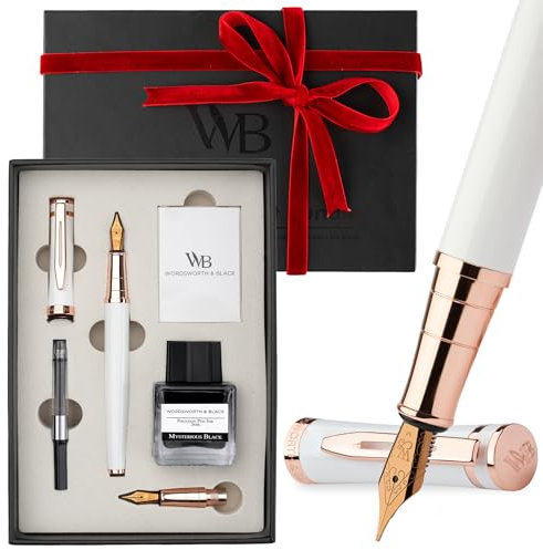 Wordsworth & Black Füllfederhalter-Set, 18K vergoldete Feder in Mittel und Extrafein, 25ML schwarze Tinte, 6 Patronen, Nachfüllkonverter, Geschenkbox – Weiß Roségold, Geschenk für Männer & Frauen