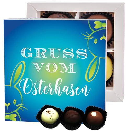 Hallingers Gruß vom Osterhasen - Pralinen zu Ostern, Ostergeschenke für Osterkörbchen zu Ostern, Pralinen handmade ohne Alkohol (Box) - Geschenk im Sommer & als perfektes Grillgeschenk | Glückwunsch G