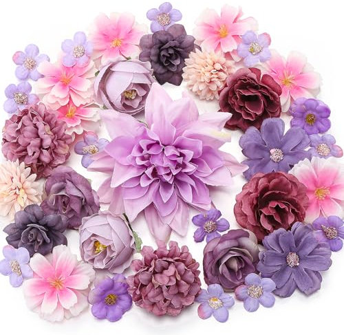 saerryor 36 Pcs Artificial Flowers for Decoration, Fake Flower Heads for Cake Decorations, Silk Flowers Pink Purple Flower Heads for DIY Wedding Party Hair Accessory Scrapbooking Home Decor