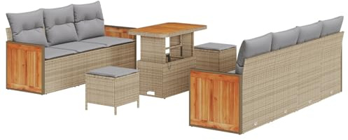 vidaXL 10-teiliges Garten-Sofa-Set mit Kissen in Beige – Poly Rattan für den Außenbereich geeignet. Perfekte Möbel für Balkon, Lounge, Sitzplatz, Patio und Terrasse. Modernes Design.