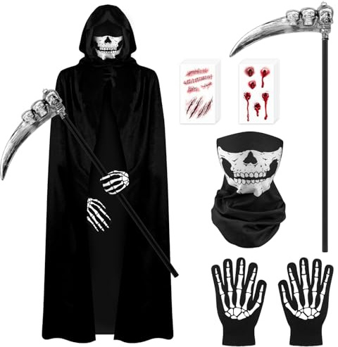 DERAYEE Halloween Sensenmann Kostüm, Kostüm Sensenmann mit Umhang Kapuze Handschuhe Maske Sense Wunde Tattoo Aufkleber Set für Halloween Karneval Cosplay Party