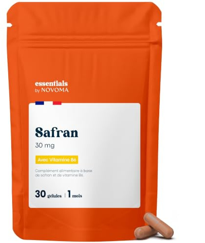Safran 30 mg - Équilibre Émotionnel & Relaxation - 30 Gélules pour 1 Mois - Titré à 2% Safranal & 3% Crocines - Avec Vitamine B6 - Fabriqué en France - Essentials by Novoma