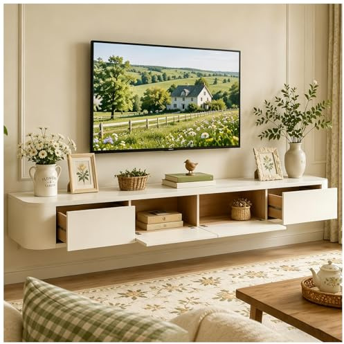 JUNFUNNLE Mobile TV Sospeso 260 cm Bianco, Mobile Porta TV per Soggiorno con 2 Ante a Ribalta 2 Sportelli, Madia Consolle per TV, per Soggiorno Cucina Sala
