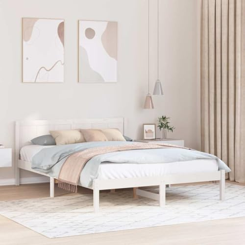 vidaXL Bettgestell Weiß 160 x 200 cm Massivholz Kiefer, Holz-Bettgestell, Zeitgemäße Schlafzimmermöbel, Modernes Design, Rechteckig, Schlafutensilien für Komfort