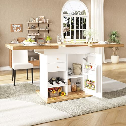 Oslghy Ausziehbarer Esstisch Holz, Küchentisch Ausziehbarer mit Stauraum Schubladen, 110-140×80×75cm Rechteckig Teleskoptisch Tisch mit Snackregal & Weinregal, Modern Küchen Esszimmertisch (Weiß)