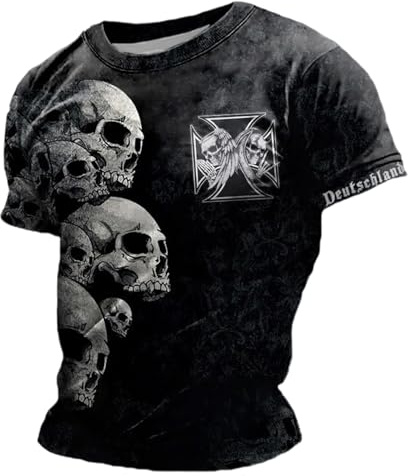 Herren T-Shirt mit Totenkopf-Motiv im Biker-Stil - 3D-Druck-Shirt mit Eisernem Kreuz und Deutschland-Schriftzug | Markantes Oberteil für Metal- und Biker-Fans