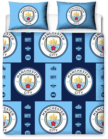 Character World Manchester City FC Double Duvet Cover Set – Official Reversible Bedding – Polycotton Man City Crest Emblem Design – Perfect for Cityzens