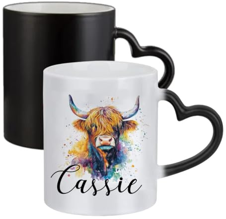 Personalised Colorful Highland Cow Custom Name Gift for Kids, Ceramic Heart Handle Mug,Colour Changing Magic Mug.